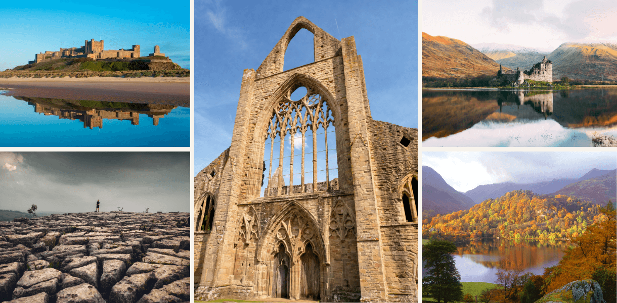 Five-image montage showing scenic and historic Britain, with a castle reflected on a beach, a ruined abbey framed against a blue sky, a lakeside castle backed by mountains, limestone pavement under dramatic skies, and an autumn lake surrounded by colourful hills.