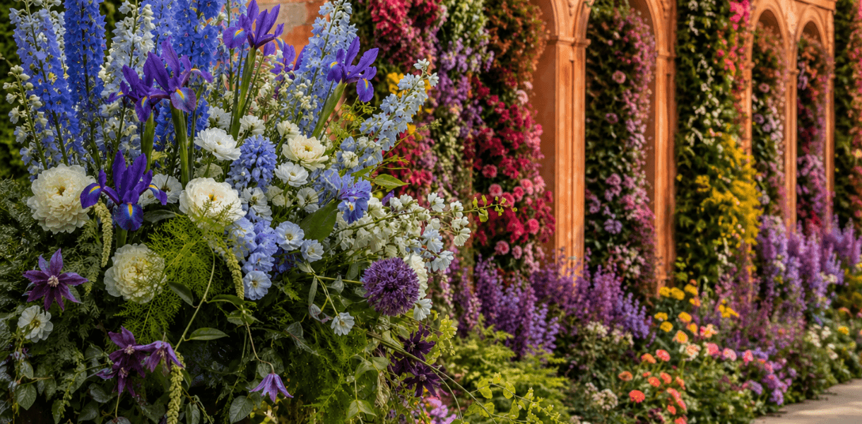 Close-up of blue, purple and white flowers in a lush garden-show display, with a terracotta arched pavilion and colourful flower wall softly blurred behind.