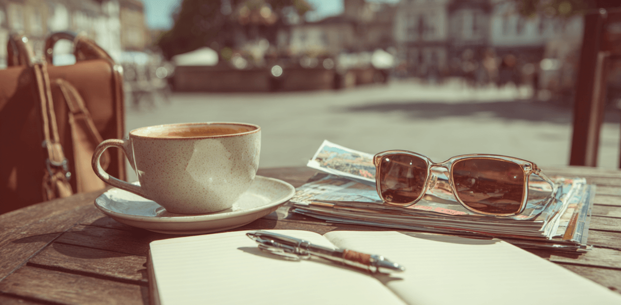 Coffee, sunglasses, an open notebook and folded maps on an outdoor café table in a sunny town square, suggesting relaxed travel planning on a warm day.