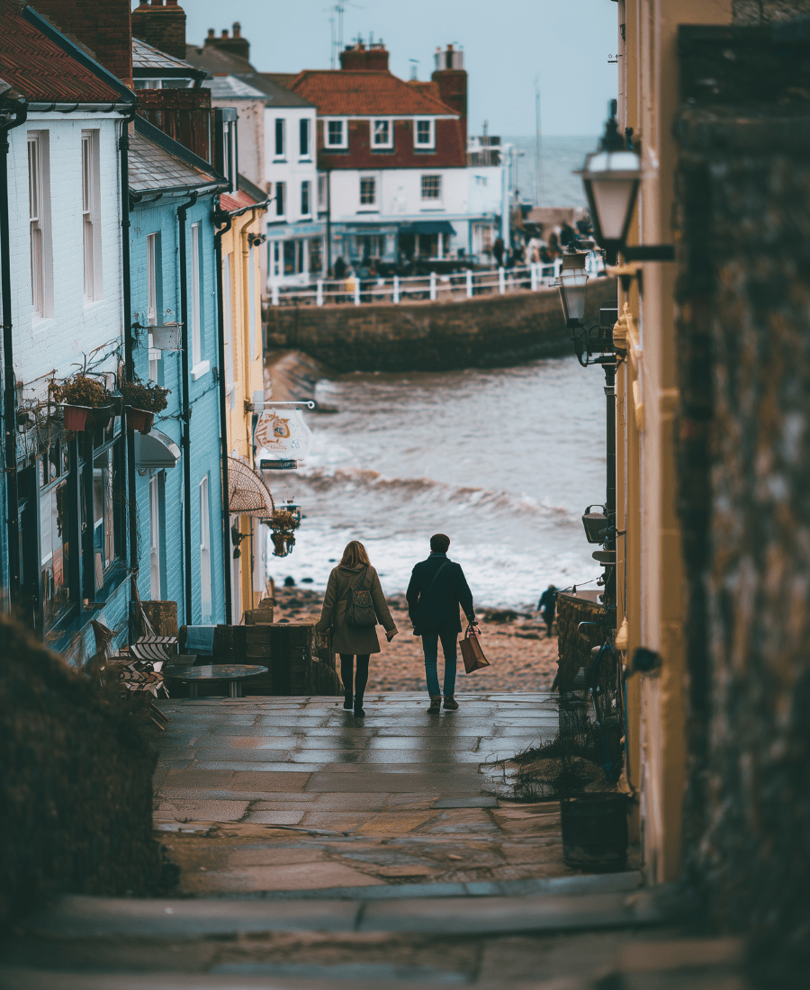 A couple arriving for a short break in a scenic UK town