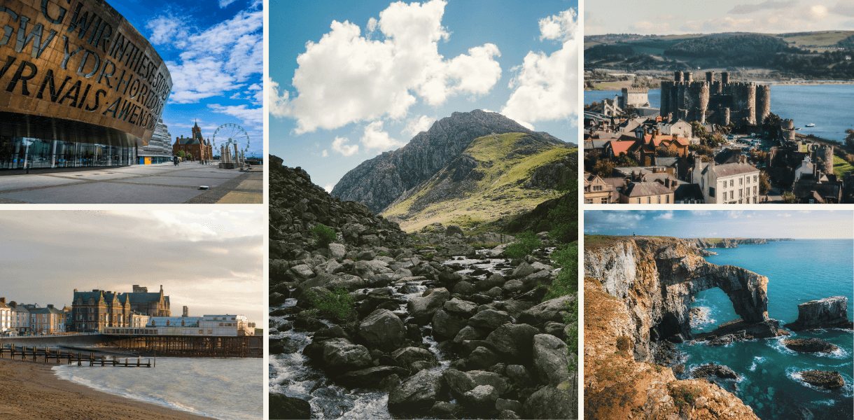 Montage of Wales highlights, including Cardiff Bay, mountain scenery in Snowdonia, Conwy Castle, a seaside pier and dramatic coastal cliffs in Pembrokeshire.
