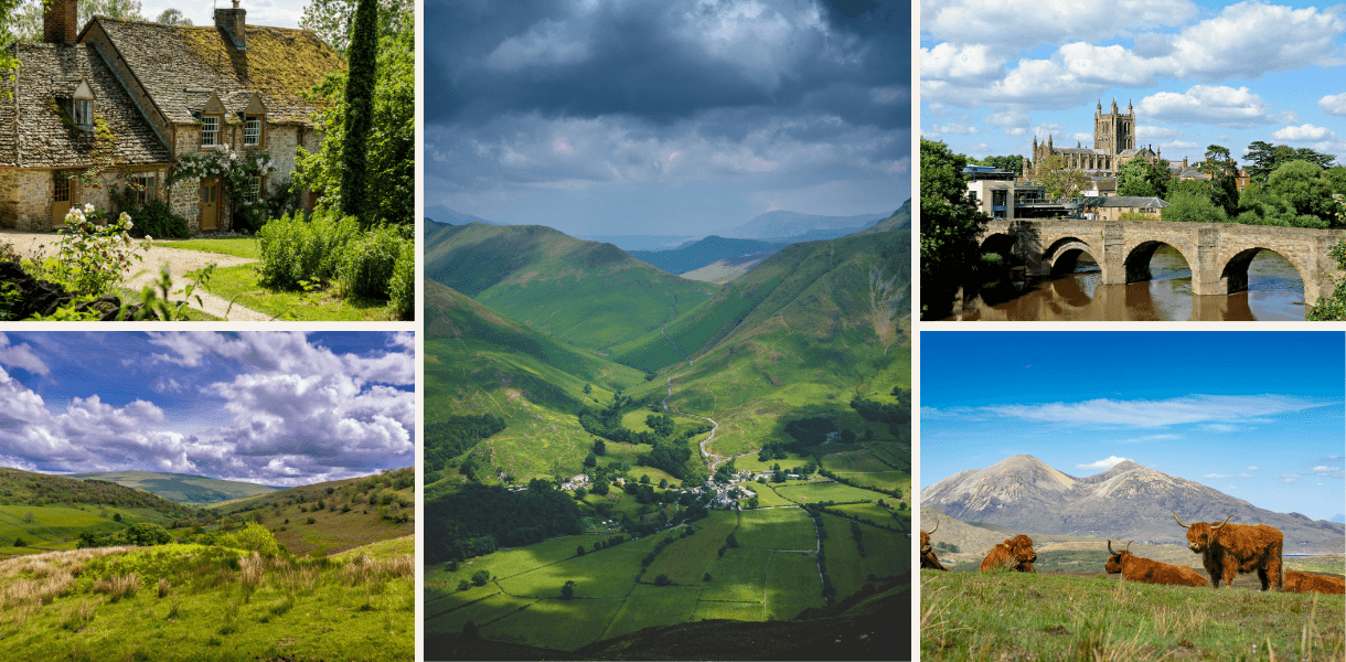 Montage of classic UK countryside escapes featuring a stone cottage, rolling green valleys, dramatic mountain scenery, a historic riverside town with cathedral, and Highland cattle beneath wide blue skies.