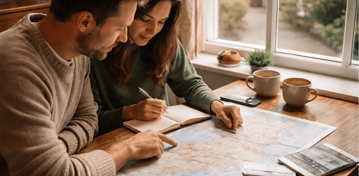Couple planning a UK trip at a cosy table with a map, notebook and travel notes in soft natural light.
