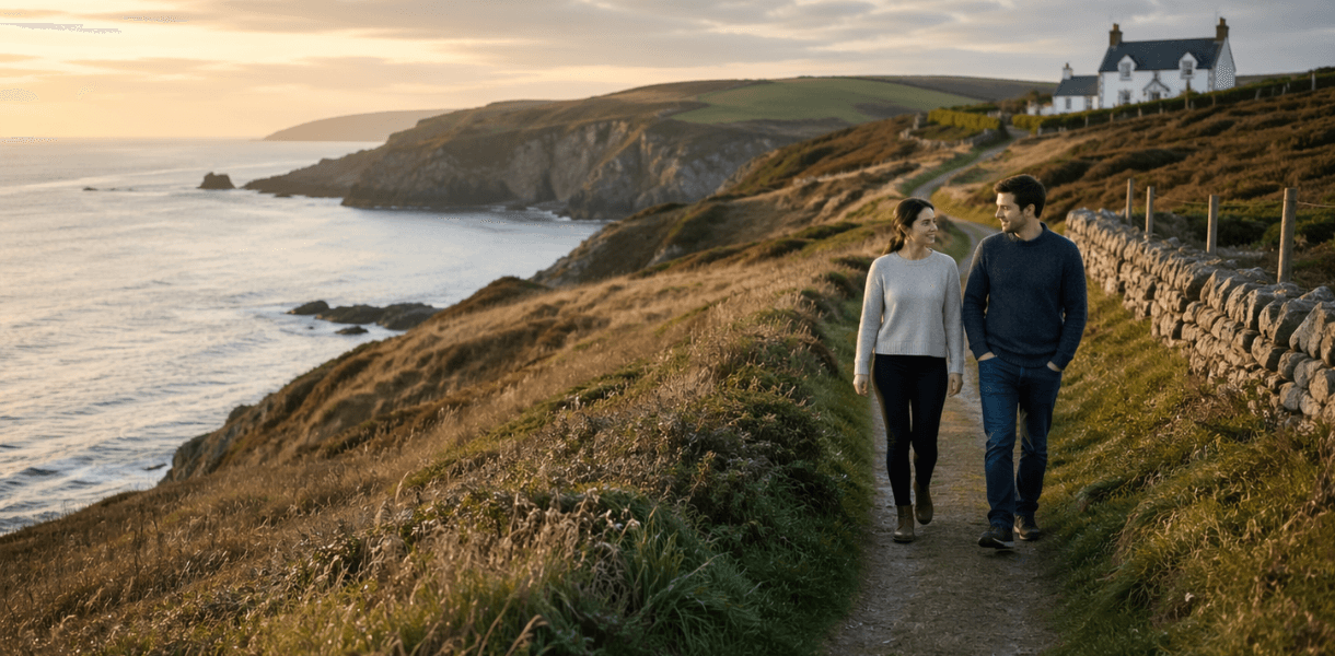 A couple walk side by side along a grassy cliff path on the British coast in warm evening light, with wild grasses, a dry stone wall, distant white cottage, rocky headlands and calm sea stretching into the background.