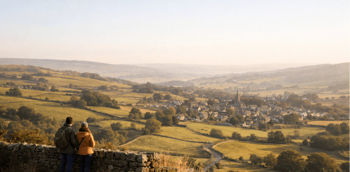 A couple stands by a dry stone wall at a hillside viewpoint, looking across a wide British landscape of rolling fields, winding lanes, and a village nestled in the valley in soft golden light.