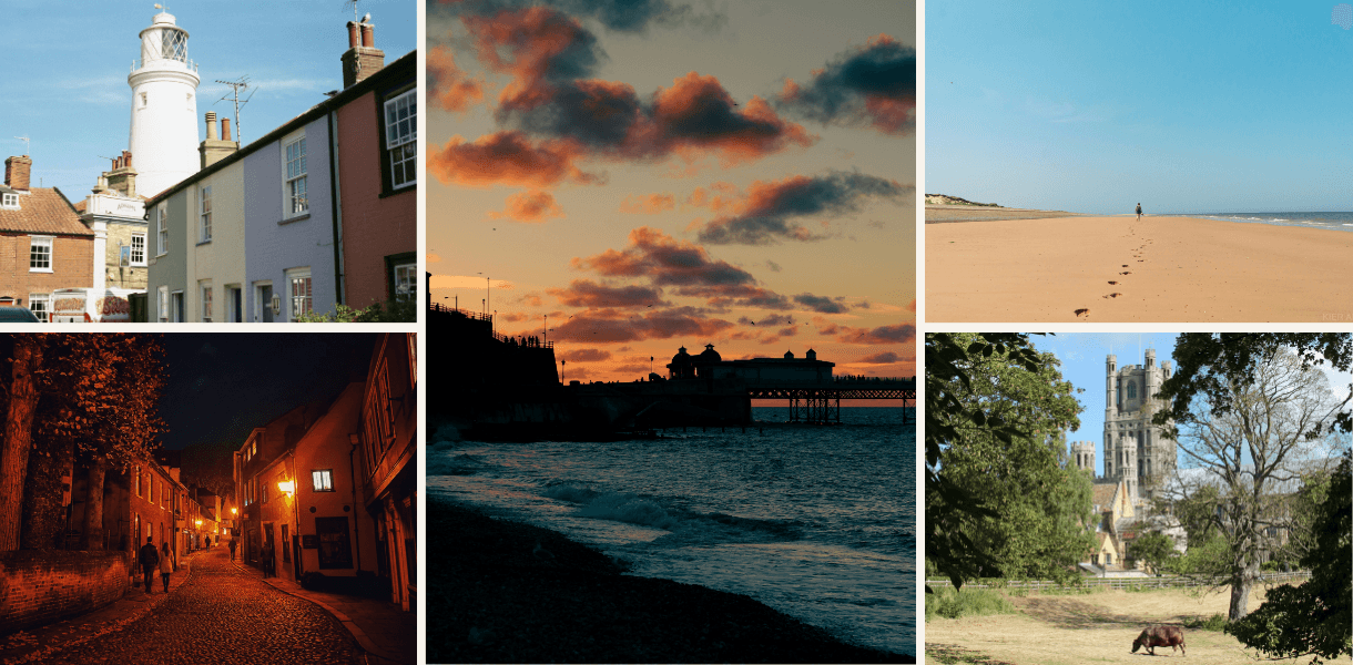 Montage of East of England highlights, including Southwold lighthouse, a wide sandy Norfolk beach, Ely Cathedral, a historic street at night and a Cromer pier at sunset.