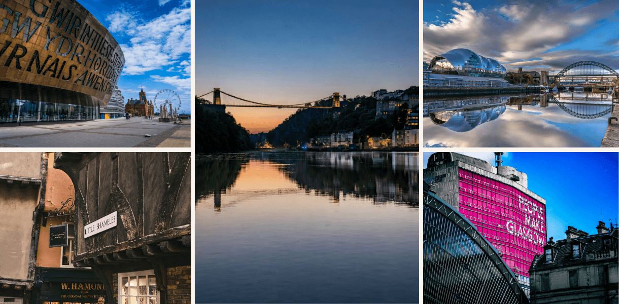 Bridge and colourful Bristol streets, Newcastle’s Quayside with the Sage and Tyne Bridge, a historic timber-framed lane in York, and Glasgow’s city centre with a bright pink illuminated building.