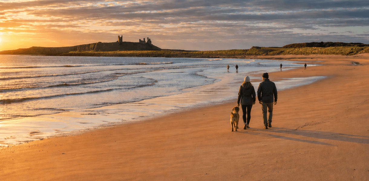 Early morning light over Embleton Sands with Dunstanburgh Castle in the distance, a couple walking their dog along the beach in the foreground, and a few other visitors near the water’s edge further along the shore.