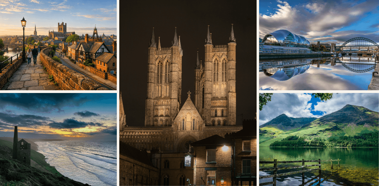Collage of English county scenes featuring Chester city walls with the cathedral in the distance, Lincoln Cathedral illuminated at night, the Newcastle Quayside with the Tyne Bridge reflected in the water, a dramatic Cornish coastal mine ruin above the sea, and a peaceful Lake District mountain lake.