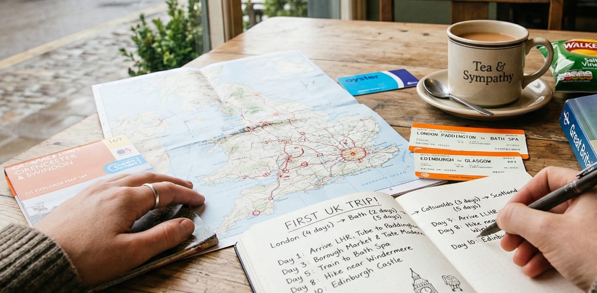 Overhead view of a wooden table by a window with a folded map of Britain, handwritten UK trip notes in an open notebook, train tickets, an Oyster card, a guidebook, and a mug of tea as a hand marks out a first-time UK travel route.