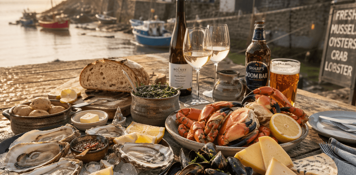 a table full of seafood and artisan bread with beer and wine beside a harbour with cottages