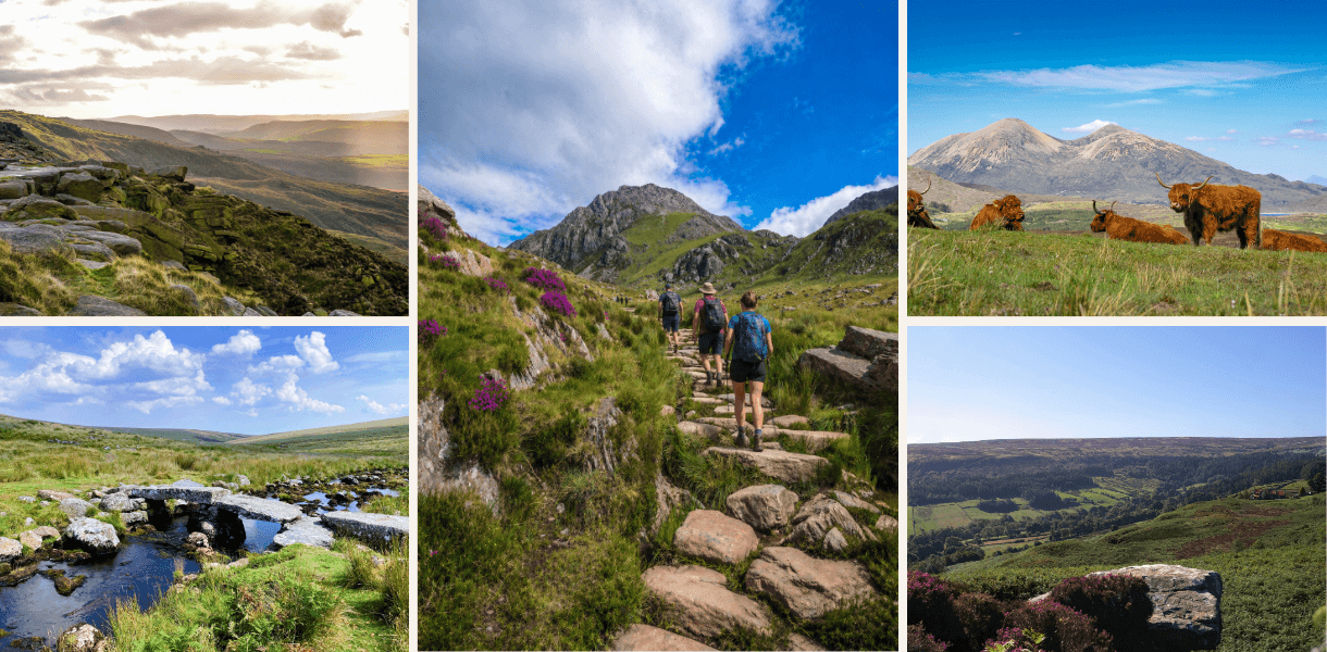 Collage of British hills and moorland, with hikers on a rocky mountain path, Highland cattle, open moors, streams and sweeping upland views.
