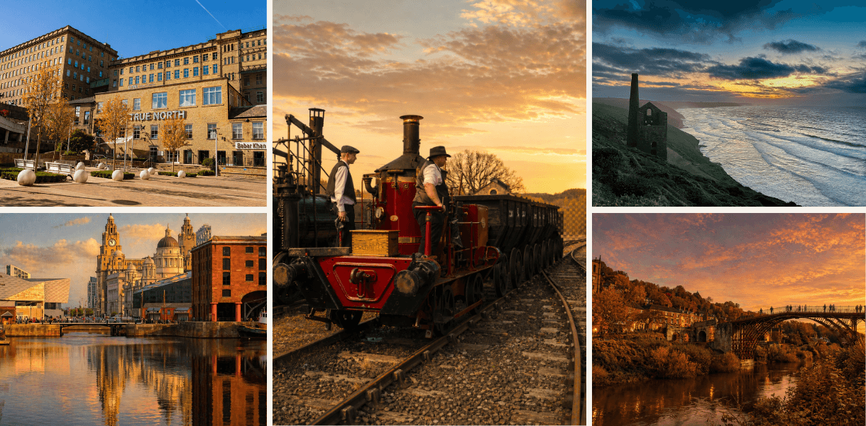 Collage of Britain’s industrial heritage showing a restored mill complex, a historic steam train in operation, a coastal mining ruin at sunset, Liverpool’s dockside waterfront, and an iron bridge spanning a river in warm evening light.