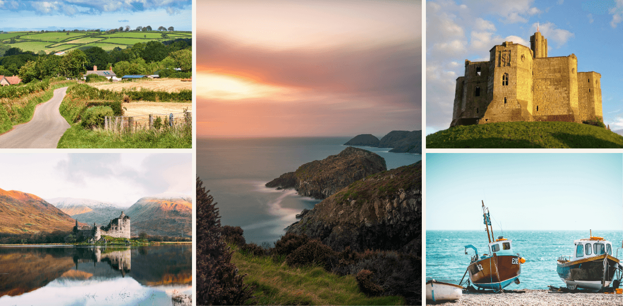Collage of UK longer break destinations, including rolling countryside, Highland lochs, dramatic coastal cliffs, a hilltop castle and fishing boats by the sea.
