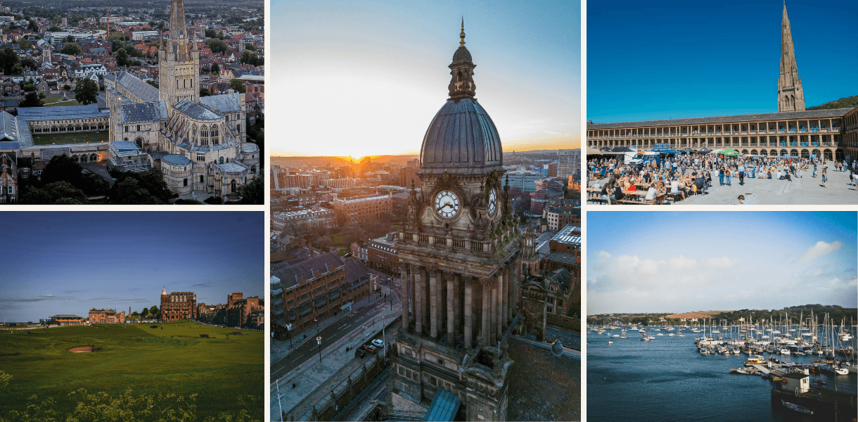 Five-image collage of UK break destinations suited to mixed weather, featuring Norwich Cathedral, Leeds Town Hall at sunset, Halifax Piece Hall, the seafront at St Andrews, and a marina view across the water in Falmouth.