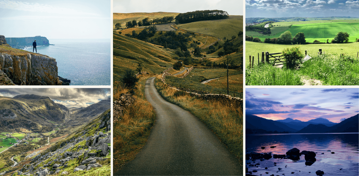Collage of British national park landscapes featuring sea cliffs above the coast, a winding country road through rolling hills, green patchwork farmland, a wide mountain valley, and a calm lake at dusk backed by dark fells.