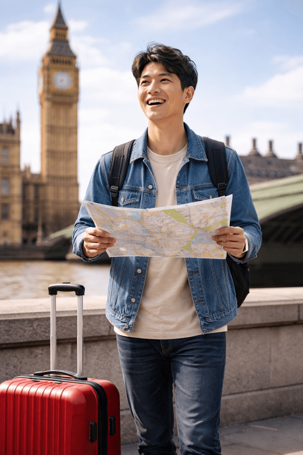 A traveller arriving for a UK trip with bag and map in hand