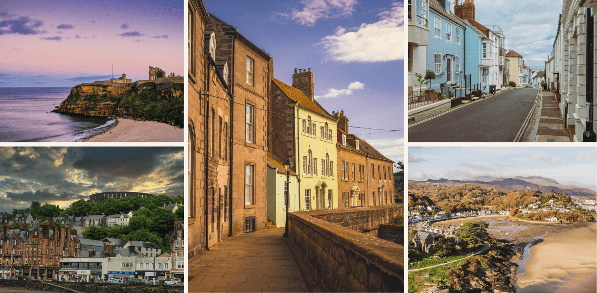 Collage of seaside towns that shine outside summer, showing a clifftop bay and ruins, pastel-painted street, harbourside buildings, a historic stone lane and a wide sandy beach backed by hills.