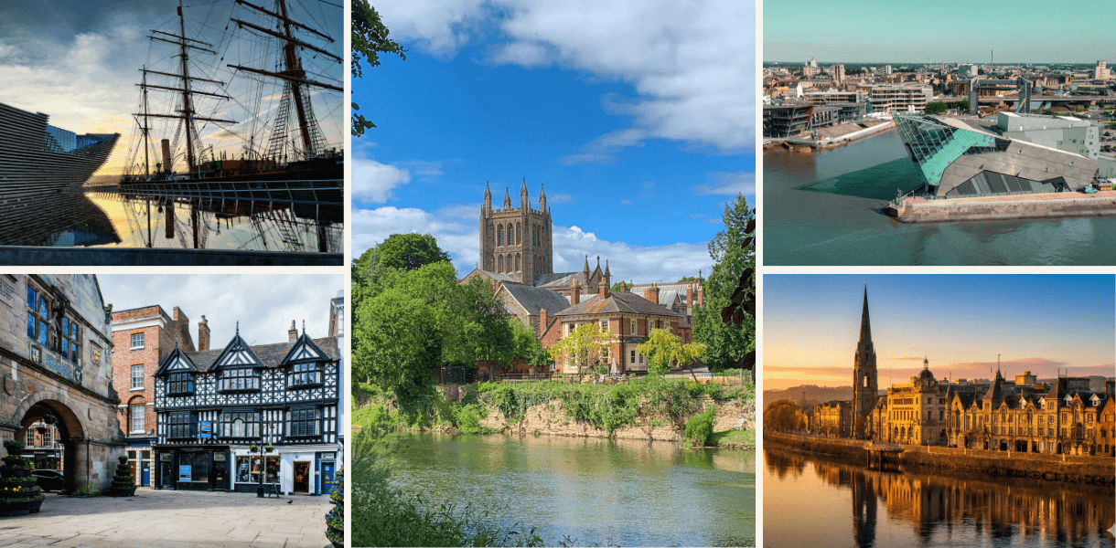 Collage of five UK city scenes featuring a tall ship beside modern waterfront buildings, a riverside cathedral view, a modern dockside museum, black-and-white timber-framed historic buildings, and a sunset skyline reflected in calm water.