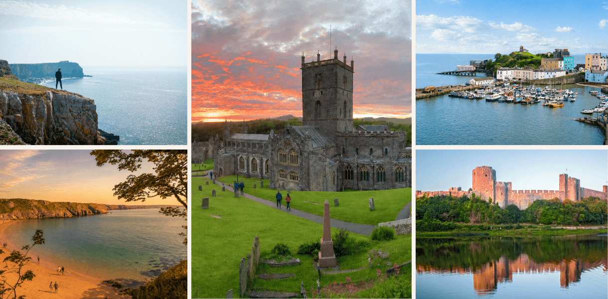 Montage of Pembrokeshire highlights, including dramatic sea cliffs, St Davids Cathedral at sunset, Tenby harbour, a sandy cove and Pembroke Castle reflected in the water.