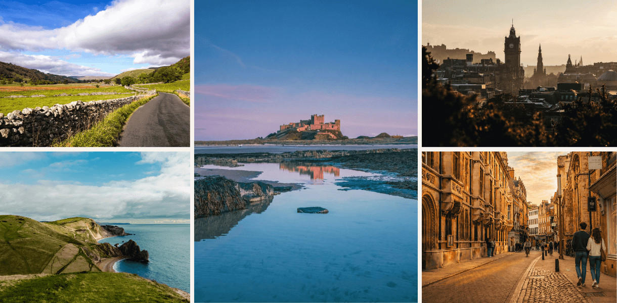 Five-image collage showing a winding country lane in the Yorkshire Dales, Bamburgh Castle reflected in tidal water on the Northumberland coast, Edinburgh skyline at golden hour, chalk cliffs and sea on the Jurassic Coast, and a warm historic street scene in Cambridge with a couple walking.