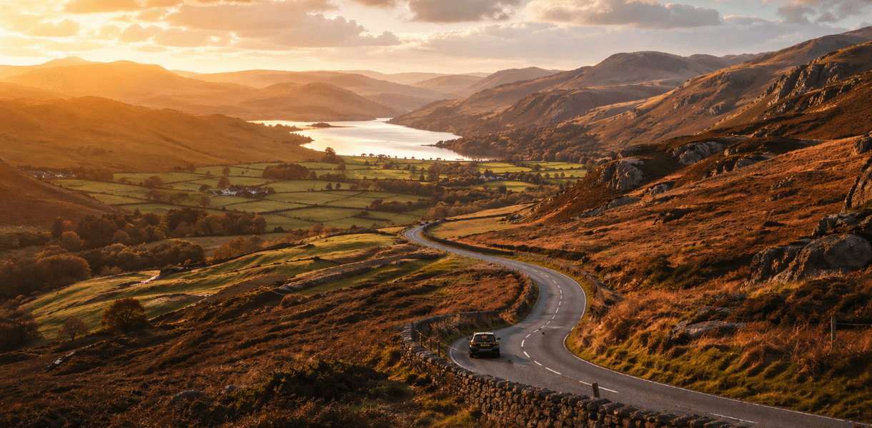 A winding road curves through golden-lit British hills and moorland above a broad valley and lake, with a small car driving into the distance in warm evening light.