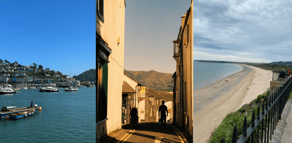 Three-panel collage showing a harbour town with boats on bright blue water, a narrow sunlit street leading towards hills, and a wide sandy beach under dramatic cloudy skies.