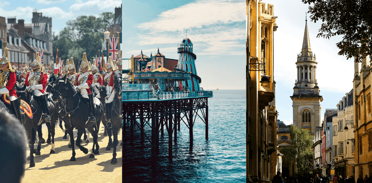 Montage of South East England highlights, including mounted guards in Windsor, Brighton Palace Pier and a historic Oxford street with a church tower.