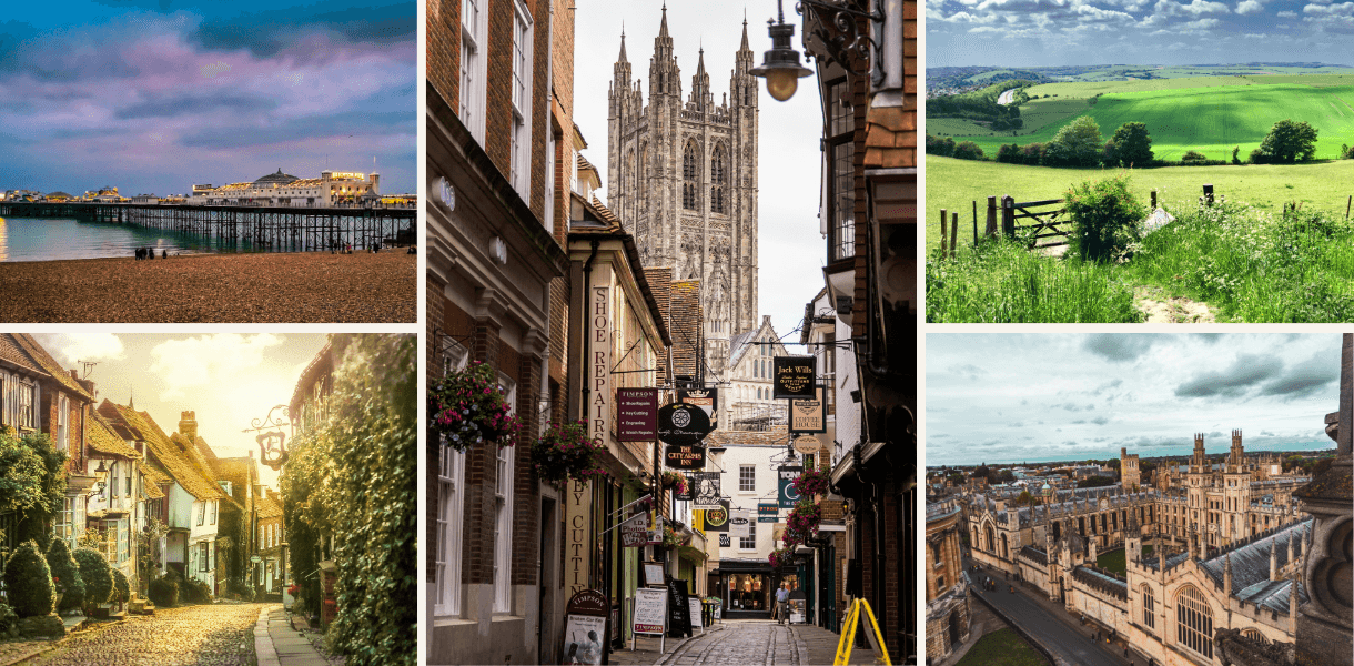 Montage of South East England highlights, including Brighton Palace Pier, Canterbury Cathedral, Oxford’s historic colleges, a cobbled village street and rolling countryside on the South Downs.