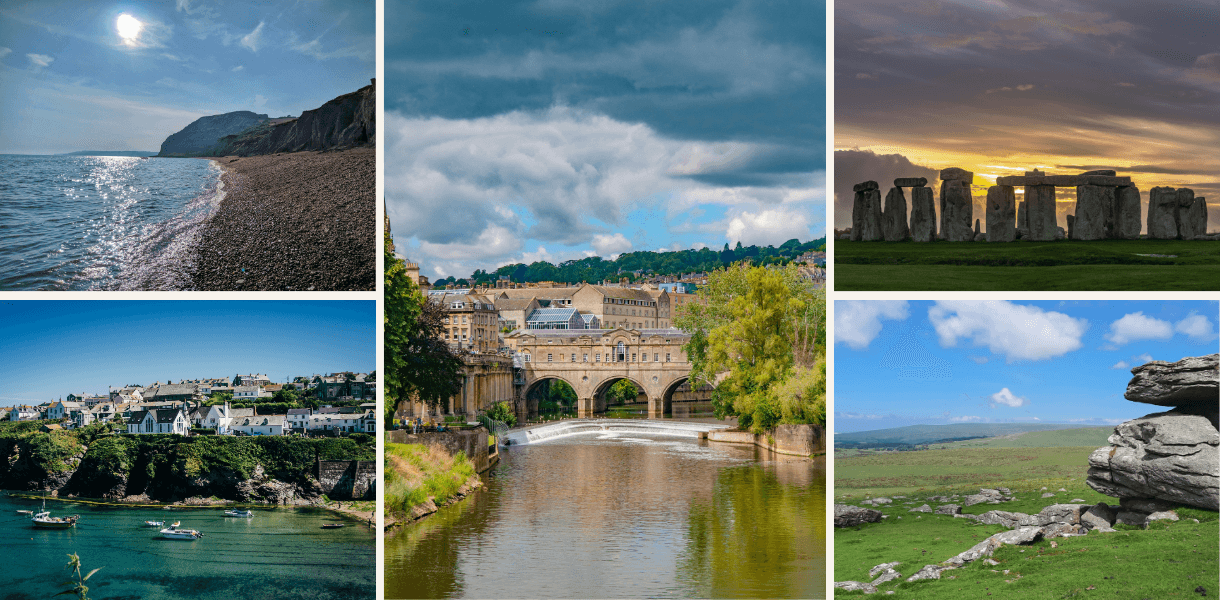 Montage of South West England highlights, including Bath’s Pulteney Bridge, Stonehenge at sunset, a Dorset beach, a Cornish harbour and open moorland on Dartmoor.