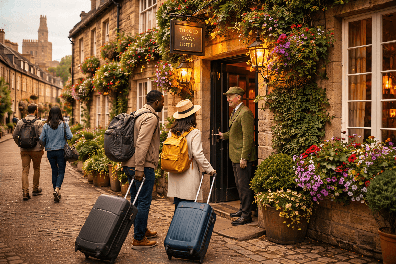 Visitors arrive with wheeled suitcases at a flower-filled stone hotel in a historic British town, where a porter welcomes them at the doorway in warm evening light.