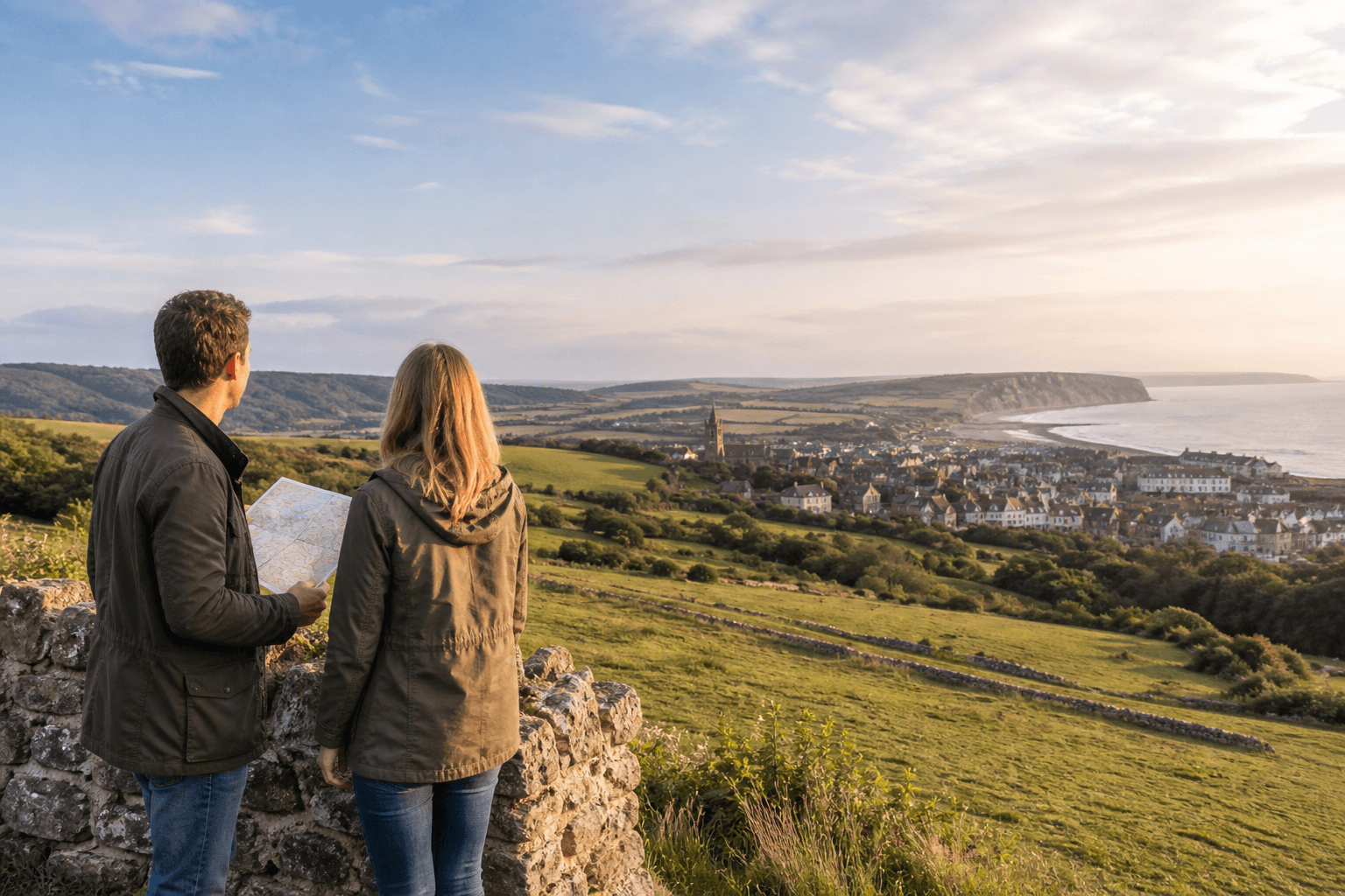 Two travellers looking at a map from a scenic viewpoint across the British countryside.