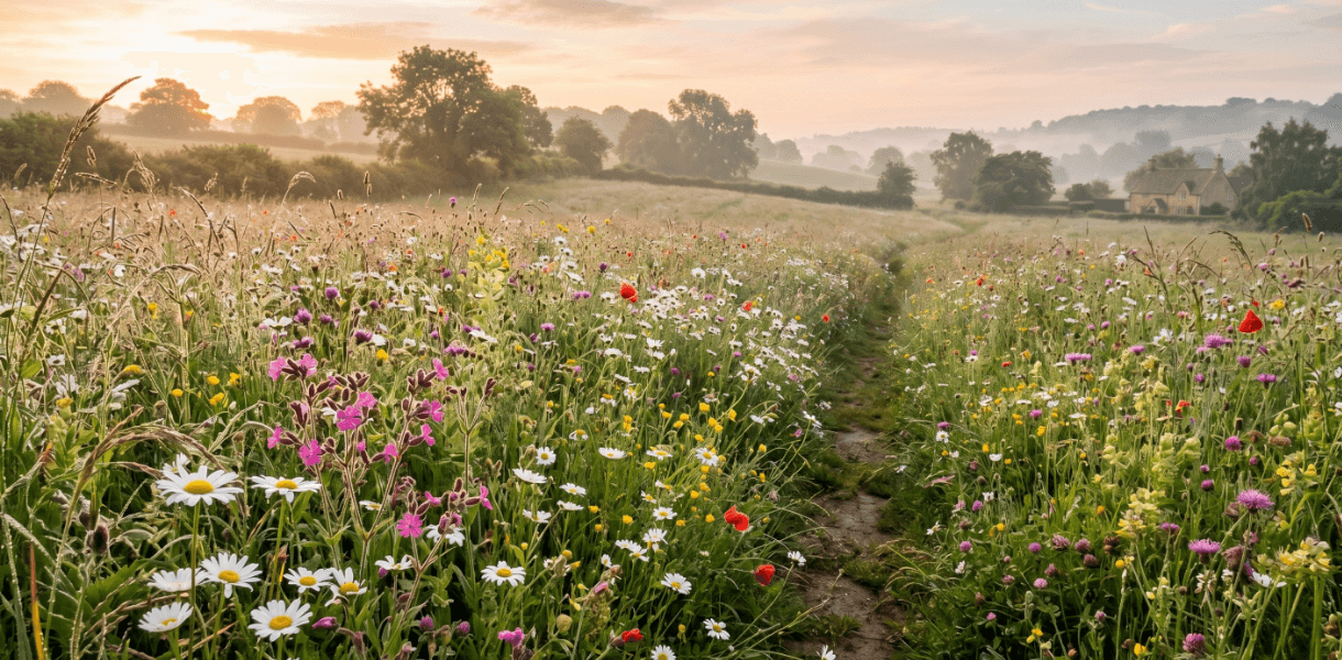 English hay meadow filled with wildflowers and grasses at sunrise, with a narrow path leading through rolling countryside and a cottage in the distance.