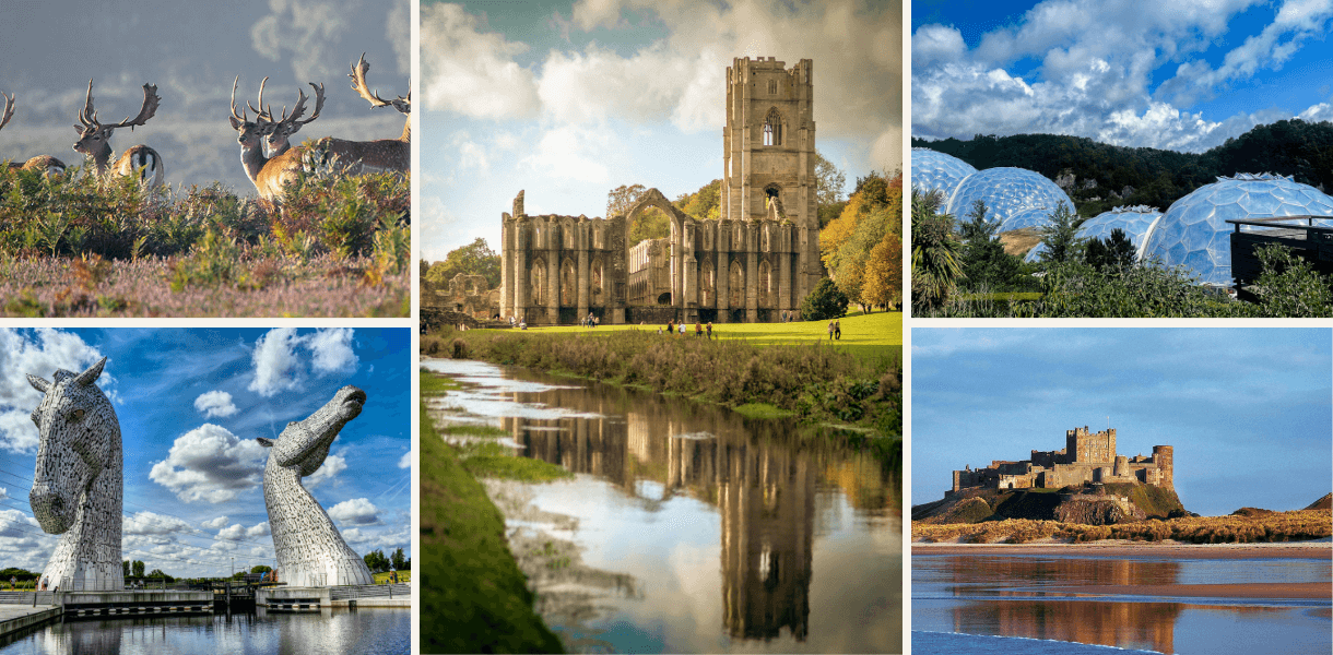 A UK travel montage showing red deer in heather, Fountains Abbey reflected in a river, the Eden Project biomes, the Kelpies sculptures in Scotland, and Bamburgh Castle beside the sea under dramatic skies.